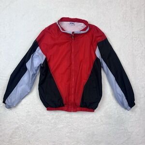 Vintage 90s Lined Windbreaker Jacket Men's MED Full Zip Colorblock Black Red Gra
